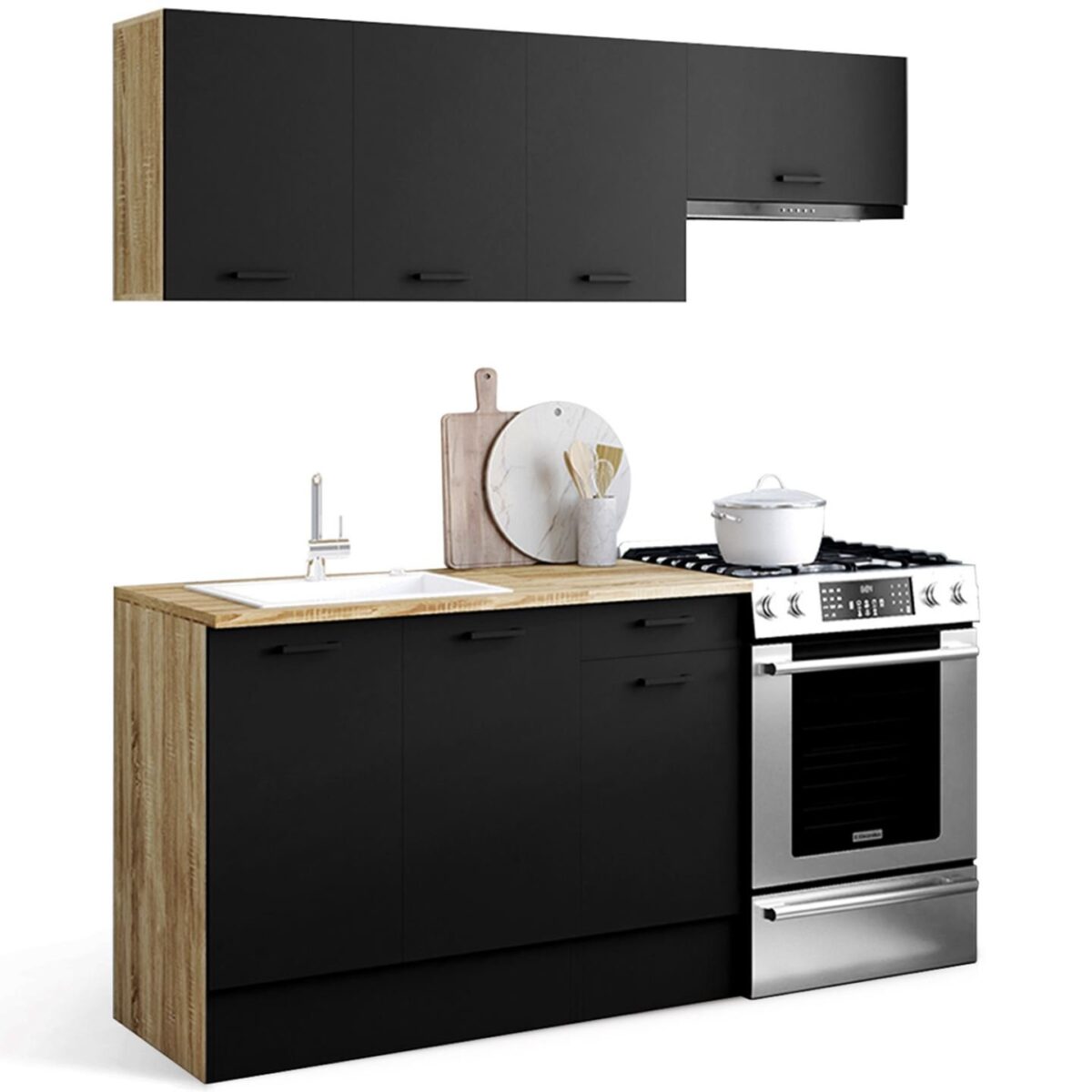 Cocina completa SUBTIL de 180 cm con encimera de madera y negra de 5 elementos - Imagen 1