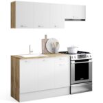 Cocina completa SUBTIL de 180 cm con 5 elementos de encimera de madera y blanco