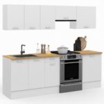 Cocina completa SUBTIL de 240 cm con encimera de 7 elementos blancos y encimeras de madera - Imagen 4